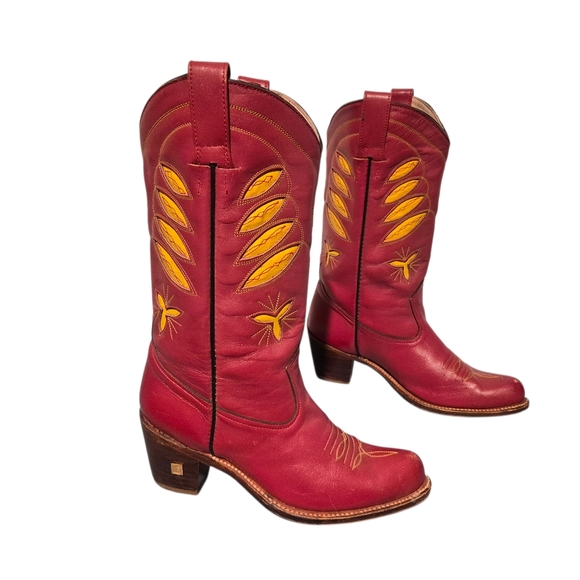Vintage Sasson Red Leather Yellow Inlay Cowboy Western Boots Women's Size 7B - Picture 2 of 10